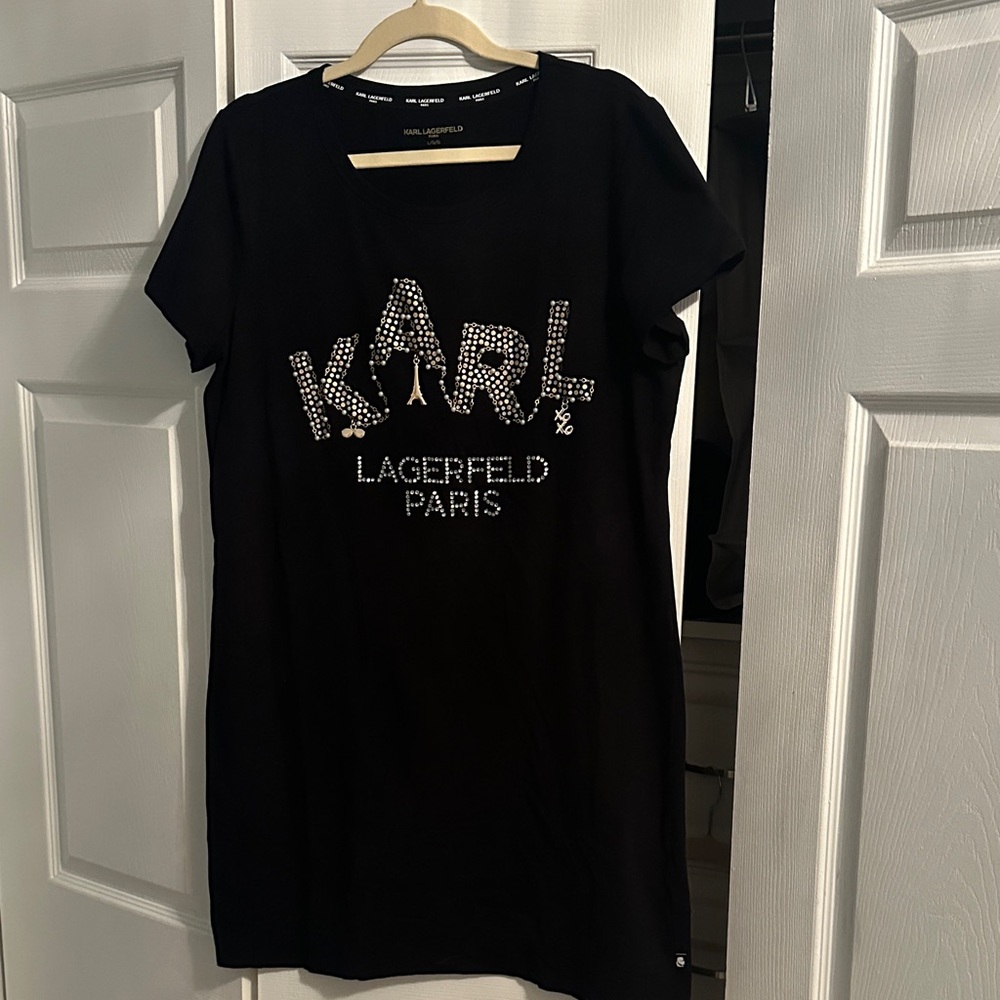 Karl Lagerfeld Black Graphic T-Shirt Dress w rhinestones on frontSolid blackback